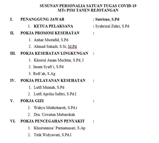 SIAP NEW NORMAL  - Tim Satgas COVID-19 MTs PSM Tanen Rejotangan Tulungagung mulai bekerja